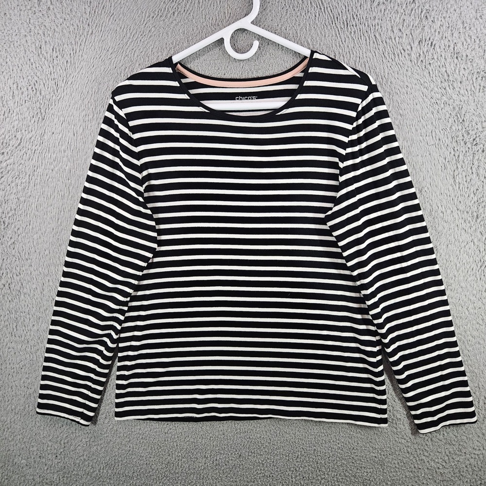 Chico's The Ultimate Tee Womens Sz 1‎ Medium Black White Striped Long Sleeve Top